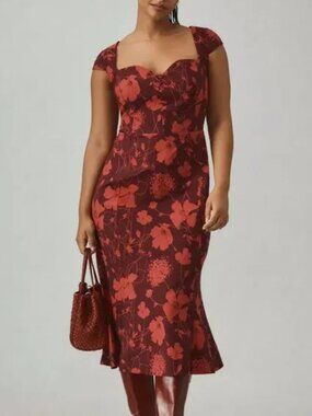 Anthropologie The Cecily Fit & Flare Sweetheart Dress, Dark Red Floral, Size 1X